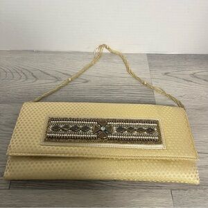Vintage Cream Satin Beaded Purse Evening Bag with Gold Beaded Strap